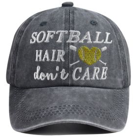 Softball Hair Don't Care Embroidered Washed Baseball Cap, Vintage Distressed Hat For Women Softball Lover (Option: BLACK)