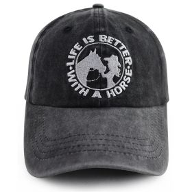 Life Is Better With A Horse Vintage Washed Baseball Cap, Western Cowgirl Embroidered Hat For Women Horse Lovers (Option: BLACK)
