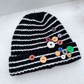 Autumn And Winter Buttons Knitted Hat Warm Ear Protection All-match And Cute Pile Heap Cap (Option: BLACK)
