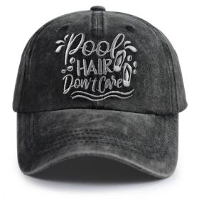 Pool Hair Don't Care Vintage Washed Baseball Cap For Women, Funny Pool Beach Vacation Adjustable Hat (Option: BLACK)