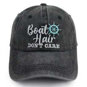 Boat Hair Don't Care Embroidered Baseball Cap, Vintage Washed Distressed Cotton Hat With Ship Wheel Embroidery For Women Boating Fishing Beach (Option: BLACK)