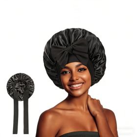 Satin Sleep Bonnet With Bow Knot, Elastic Wide Band Night Cap, Silk Like Satin Hair Bonnet For Women, Beauty Sleep Hair Protection Cap (Option: BLACK)